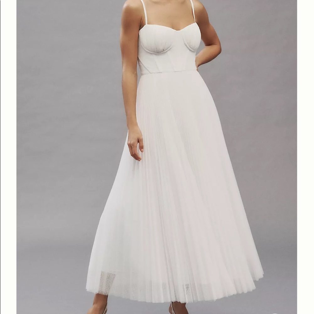 Hutch Amara Corset Pleated Tulle Fit & Flare Midi Dress.